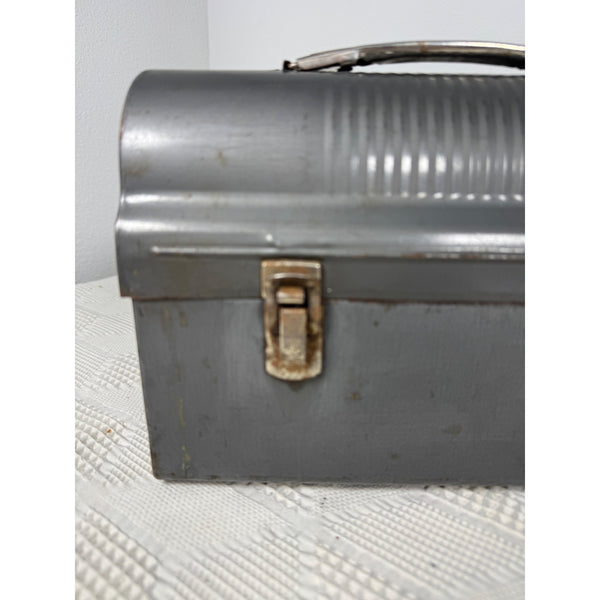 Vintage Gray Metal Domed Lunchbox With Handle & Dual Latches 1950s Retro