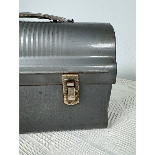 Vintage Gray Metal Domed Lunchbox With Handle & Dual Latches 1950s Retro