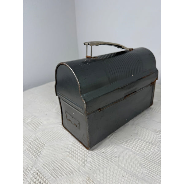 Vintage Gray Metal Domed Lunchbox With Handle & Dual Latches 1950s Retro