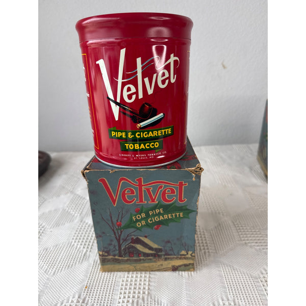 Vintage Velvet Pipe Tobacco Tin w Rare Original Holiday Box 14 Oz Christmas