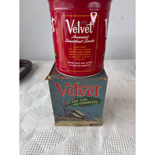Vintage Velvet Pipe Tobacco Tin w Rare Original Holiday Box 14 Oz Christmas