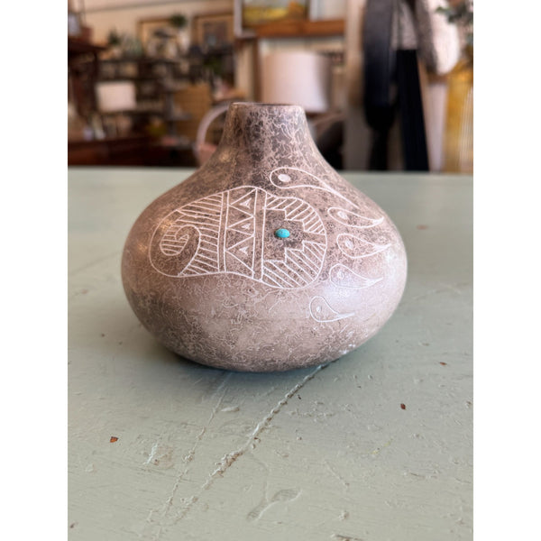 Acoma Pueblo Native American Pottery Vase Gary Yellow Corn Etched w Turquoise