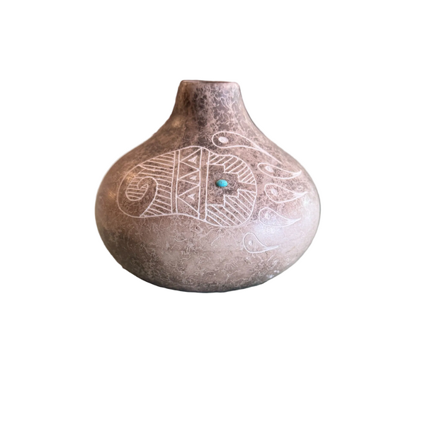 Acoma Pueblo Native American Pottery Vase Gary Yellow Corn Etched w Turquoise 