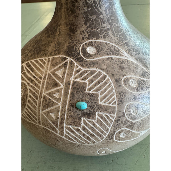 Acoma Pueblo Native American Pottery Vase Gary Yellow Corn Etched w Turquoise