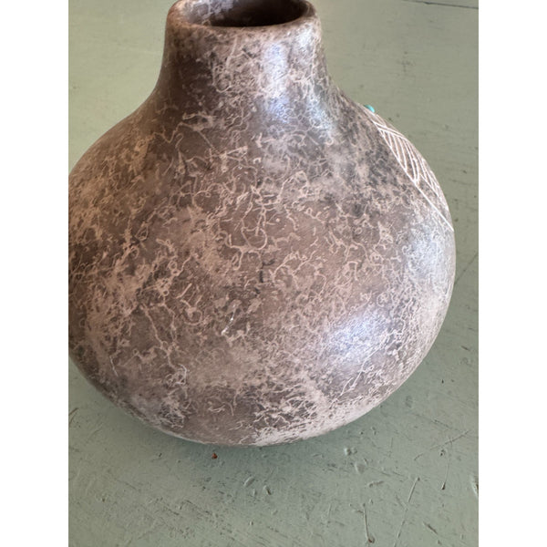 Acoma Pueblo Native American Pottery Vase Gary Yellow Corn Etched w Turquoise
