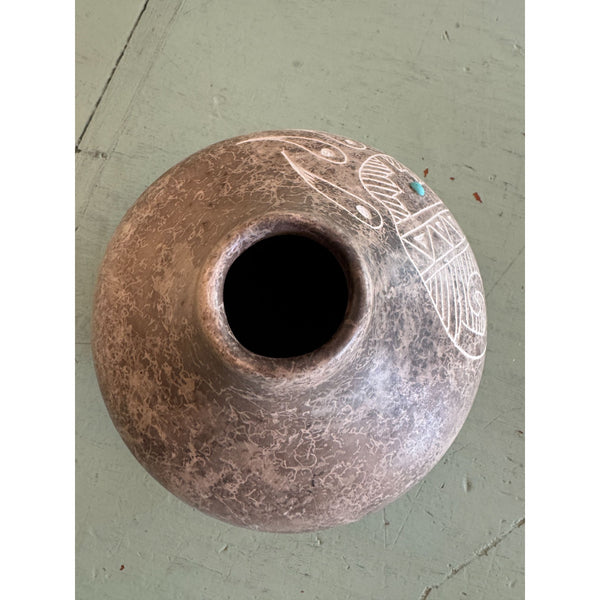 Acoma Pueblo Native American Pottery Vase Gary Yellow Corn Etched w Turquoise