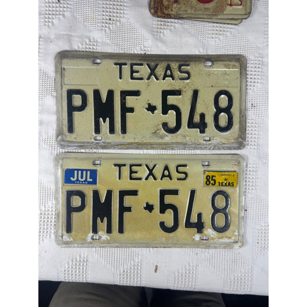 Vintage 1975 Texas License Plates PMF 548 Pair White w Black Embossed Lettering