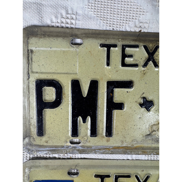 Vintage 1975 Texas License Plates PMF 548 Pair White w Black Embossed Lettering
