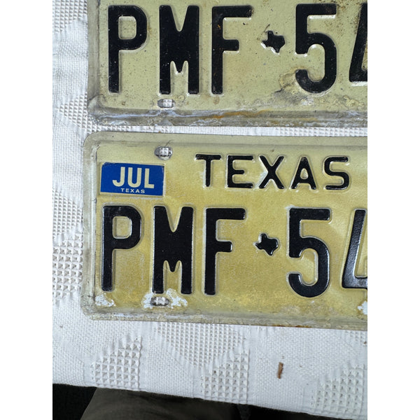 Vintage 1975 Texas License Plates PMF 548 Pair White w Black Embossed Lettering