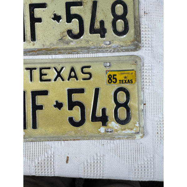 Vintage 1975 Texas License Plates PMF 548 Pair White w Black Embossed Lettering