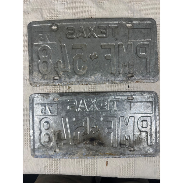 Vintage 1975 Texas License Plates PMF 548 Pair White w Black Embossed Lettering