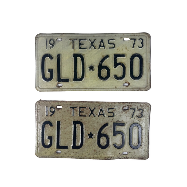 Vintage 1973 Texas License Plates Pair GLD 650 Black Embossed Letters On White