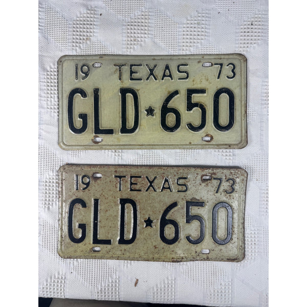 Vintage 1973 Texas License Plates Pair GLD 650 Black Embossed Letters On White