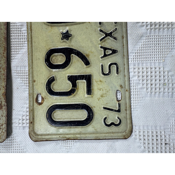 Vintage 1973 Texas License Plates Pair GLD 650 Black Embossed Letters On White