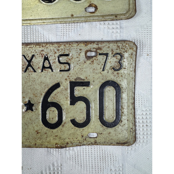 Vintage 1973 Texas License Plates Pair GLD 650 Black Embossed Letters On White