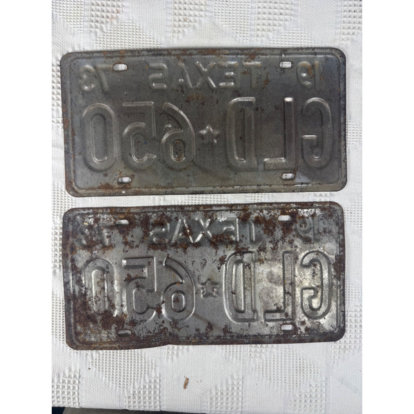 Vintage 1973 Texas License Plates Pair GLD 650 Black Embossed Letters On White