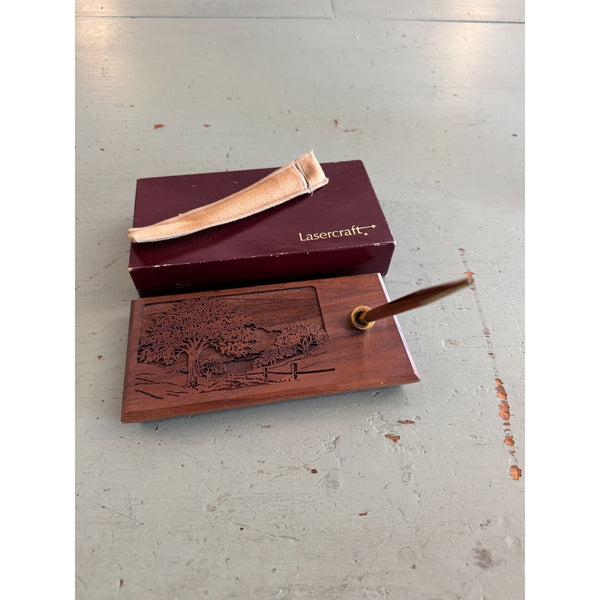 LaserCraft Genuine Walnut Desk Set With Gold Tone Pen and Laser Engraved Design