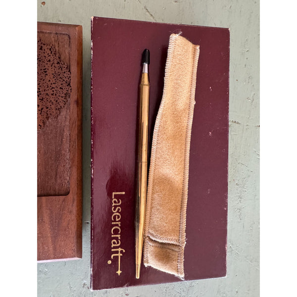 LaserCraft Genuine Walnut Desk Set With Gold Tone Pen and Laser Engraved Design