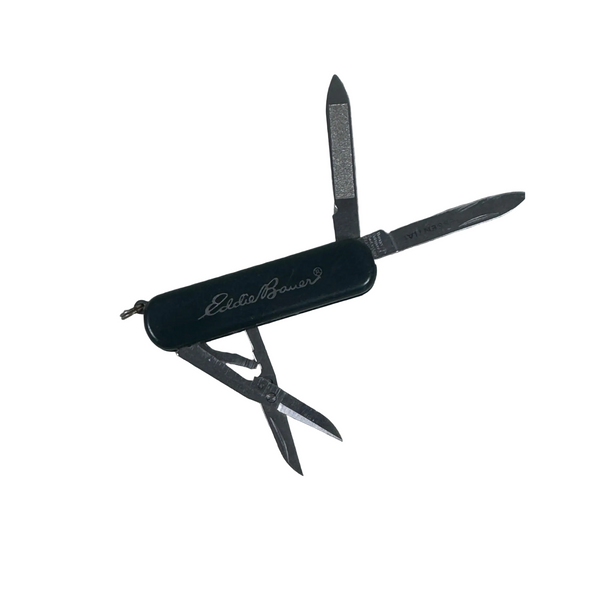 Eddie Bauer Wenger Swiss Army Multi Tool Pocket Knife Green Stainless Steel Mini. A black multi-tool pocket knife with several tools extended, featuring the script logo 'Eddie Bawd' on the handle, placed on a textured white waffle-weave fabric background.