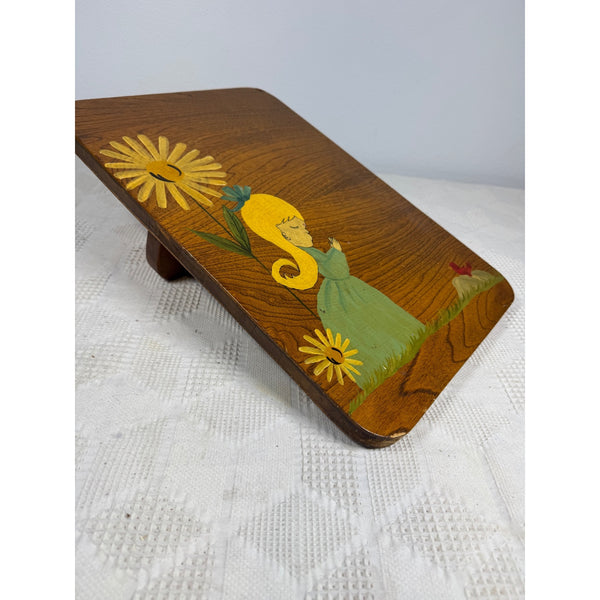 Hand Painted 1970s Wooden Lap Desk w Floral & Girl Artwork Vintage Writing Board