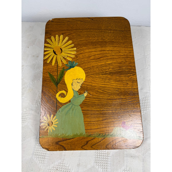 Hand Painted 1970s Wooden Lap Desk w Floral & Girl Artwork Vintage Writing Board