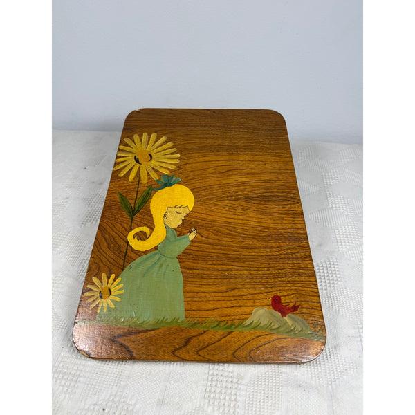 Hand Painted 1970s Wooden Lap Desk w Floral & Girl Artwork Vintage Writing Board