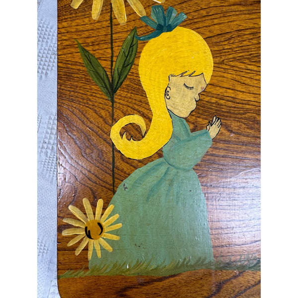 Hand Painted 1970s Wooden Lap Desk w Floral & Girl Artwork Vintage Writing Board