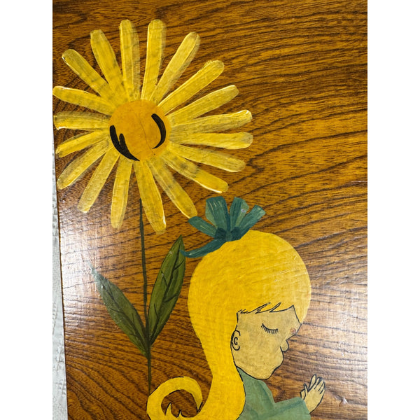 Hand Painted 1970s Wooden Lap Desk w Floral & Girl Artwork Vintage Writing Board