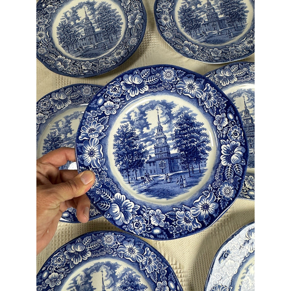 Enoch Wedgewood Liberty Blue 10" Ironstone Plates Set 7 Liberty Hall 1970s