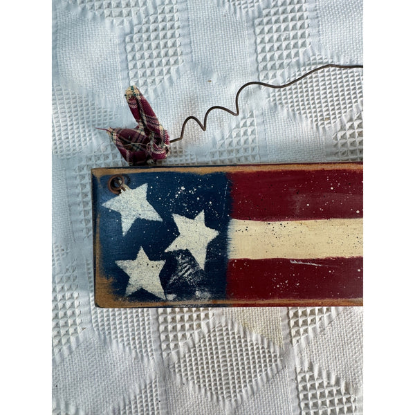 Rustic Handmade Wooden Patriotic Flag Wall Decor Wire Hanger Country Farmhouse