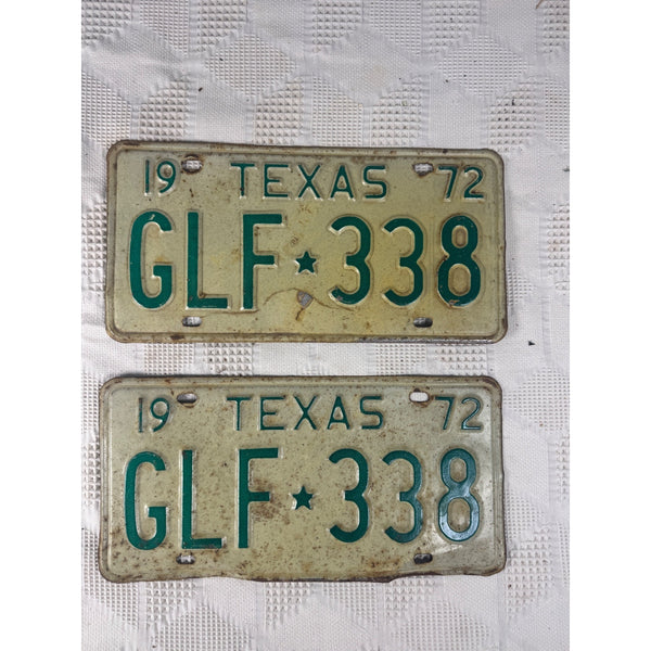 Vintage 1972 Texas GLF 338 License Plates Pair Green w White Embossed Lettering