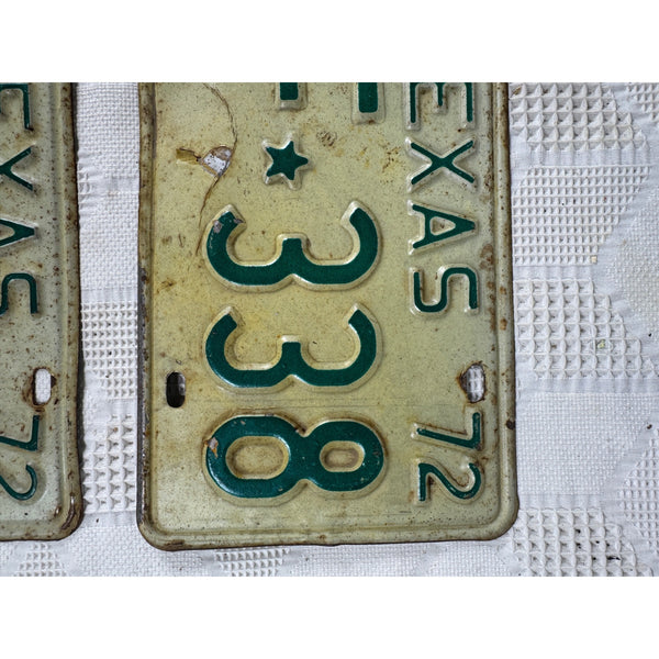 Vintage 1972 Texas GLF 338 License Plates Pair Green w White Embossed Lettering