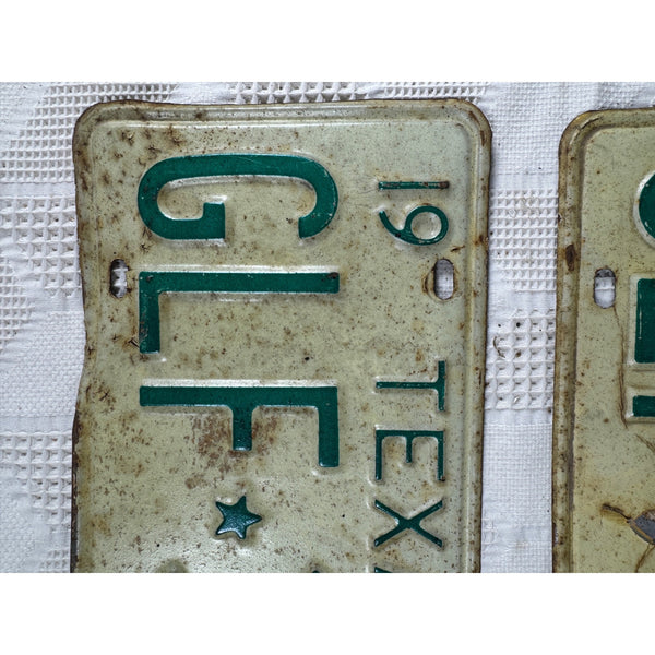 Vintage 1972 Texas GLF 338 License Plates Pair Green w White Embossed Lettering