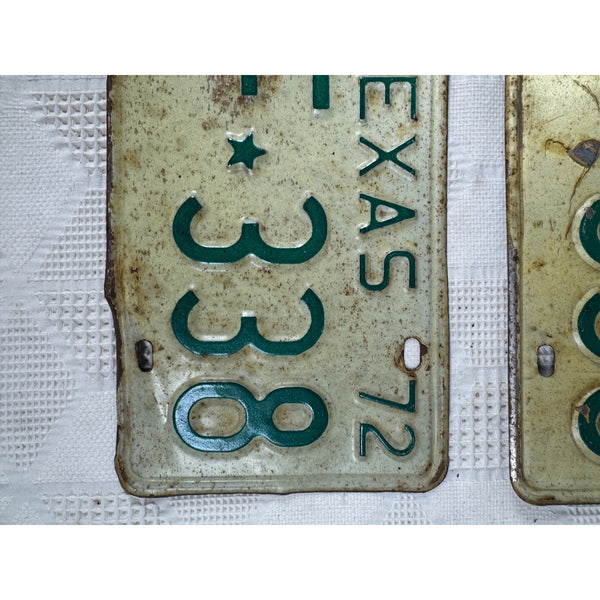 Vintage 1972 Texas GLF 338 License Plates Pair Green w White Embossed Lettering