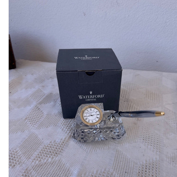 Waterford Crystal Desk Clock w Pen Holder and Gold Tone Accents in Original Box