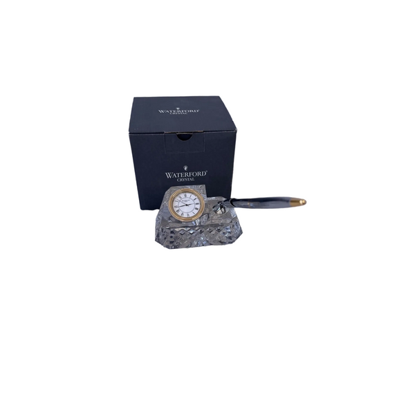 Waterford Crystal Desk Clock w Pen Holder and Gold Tone Accents in Original Box