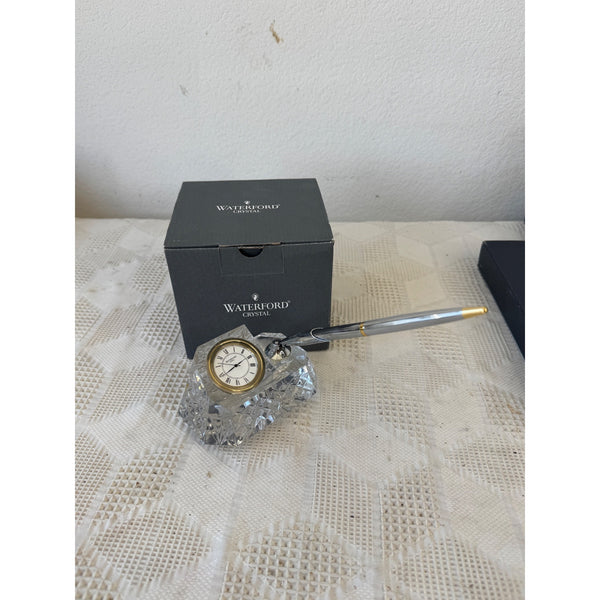 Waterford Crystal Desk Clock w Pen Holder and Gold Tone Accents in Original Box