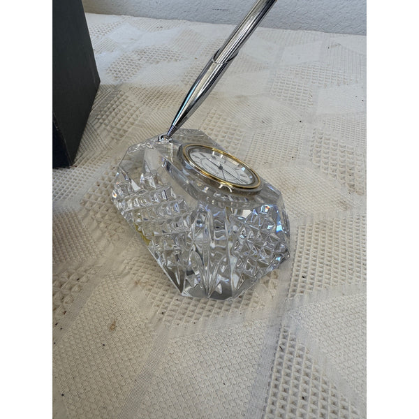 Waterford Crystal Desk Clock w Pen Holder and Gold Tone Accents in Original Box