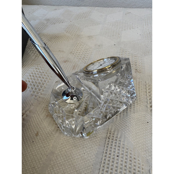 Waterford Crystal Desk Clock w Pen Holder and Gold Tone Accents in Original Box