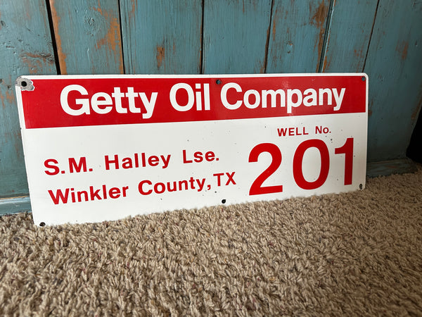  Vintage Getty Oil LSE Porcelain Sign front of sign