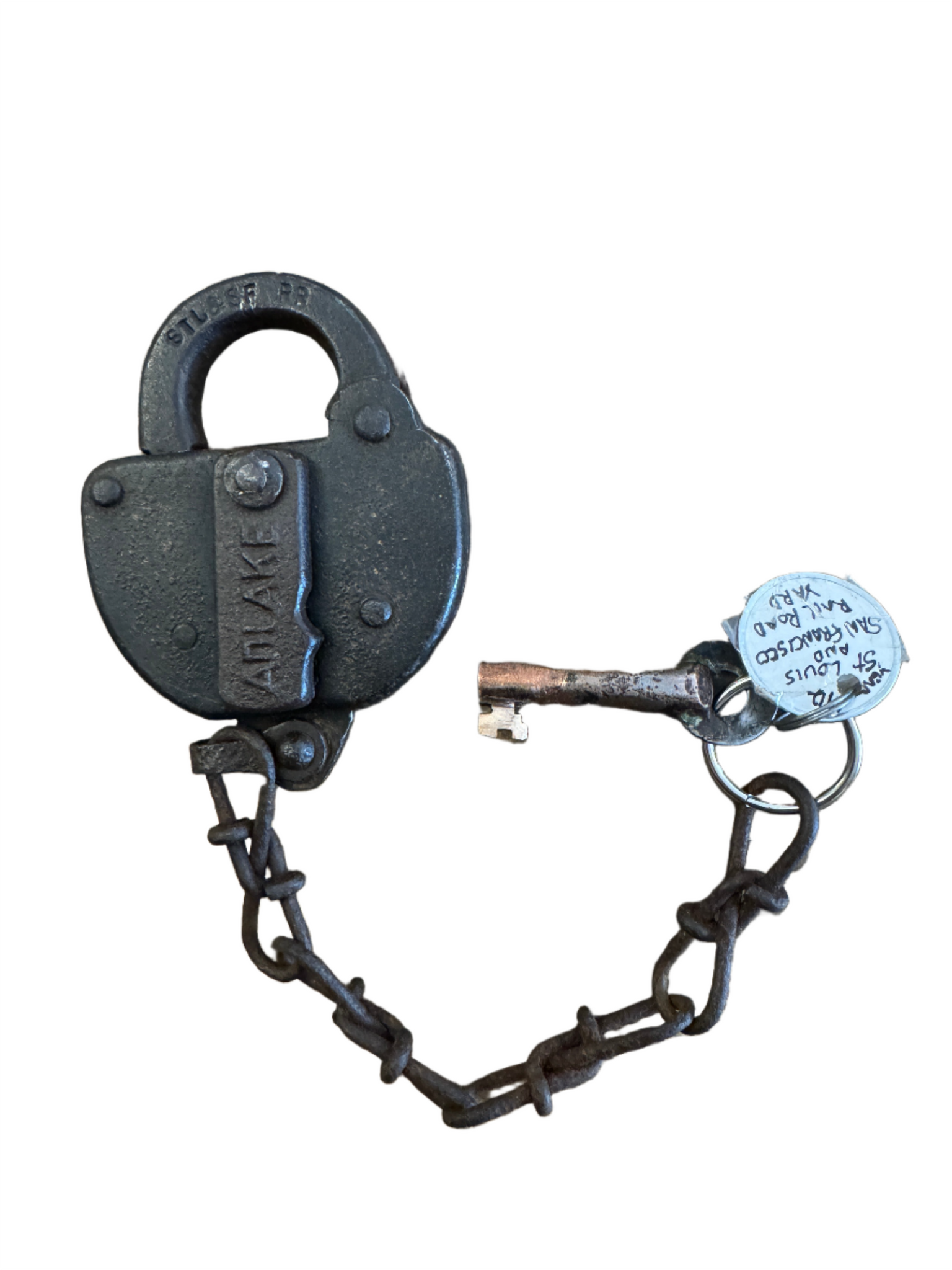 Antique St Louis San Francisco Railroad Padlock and key white background