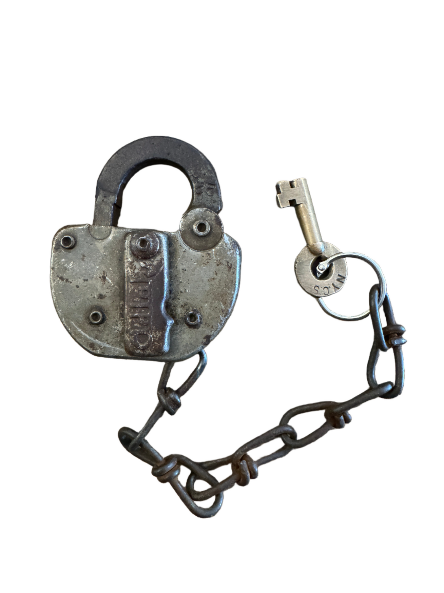 Antique NYCS Railroad Padlock and Key white background