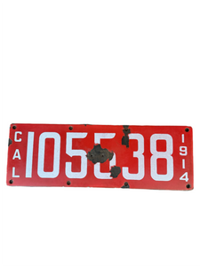 Antique 1914 CA State Red License Plate white background