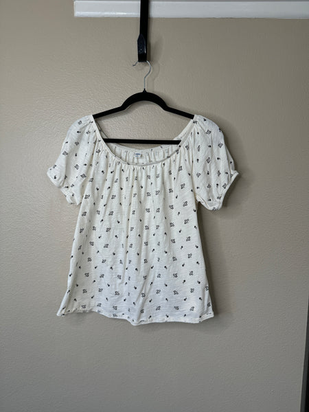 Old Navy Women's White with Black Leaves Short Sleeve Blouse