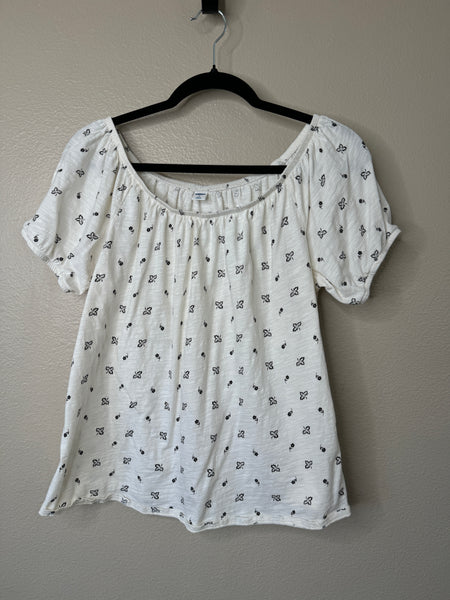 Old Navy Women's White with Black Leaves Short Sleeve Blouse