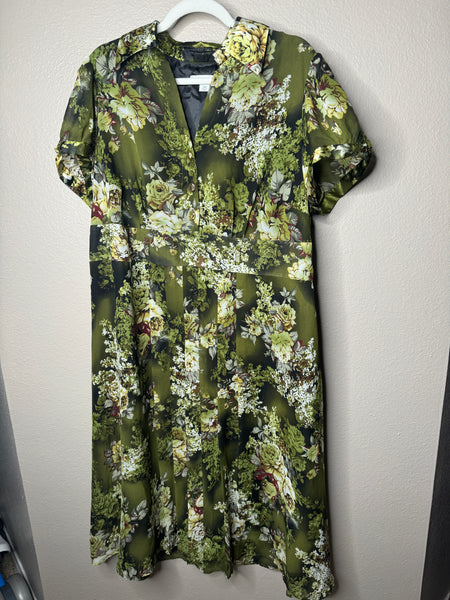 Dressbarn Women's Green Floral Short Sleeve Midi Dress