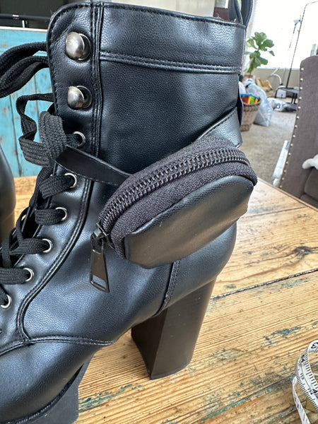 Unilady Black Combat Boots with Side Purse