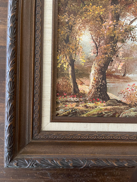 Vintage Oil Painting of Tree on Lake frame closeup
