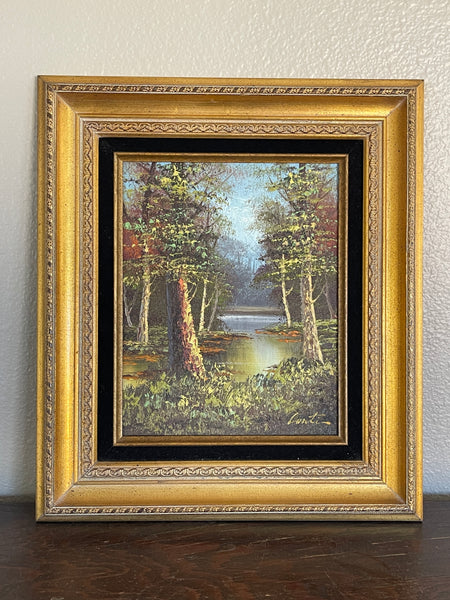 Vintage Oil Painting of Trees on Pond 