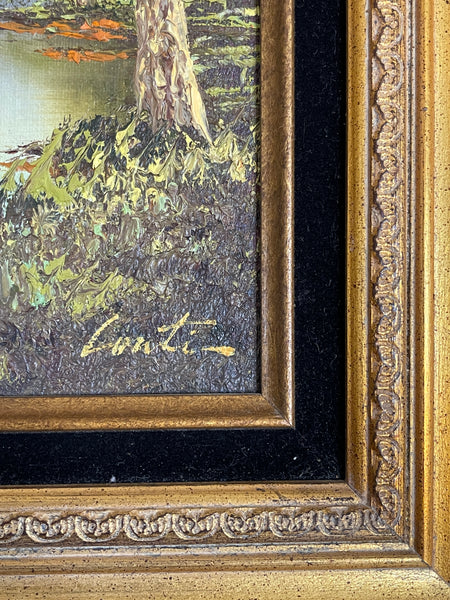 Vintage Oil Painting of Trees on Pond signature